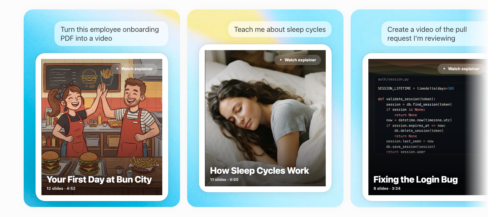 The plugin in OpenAI's directory, with example prompts: turn an onboarding PDF into a video, teach me about sleep cycles, create a video of the pull request I'm reviewing